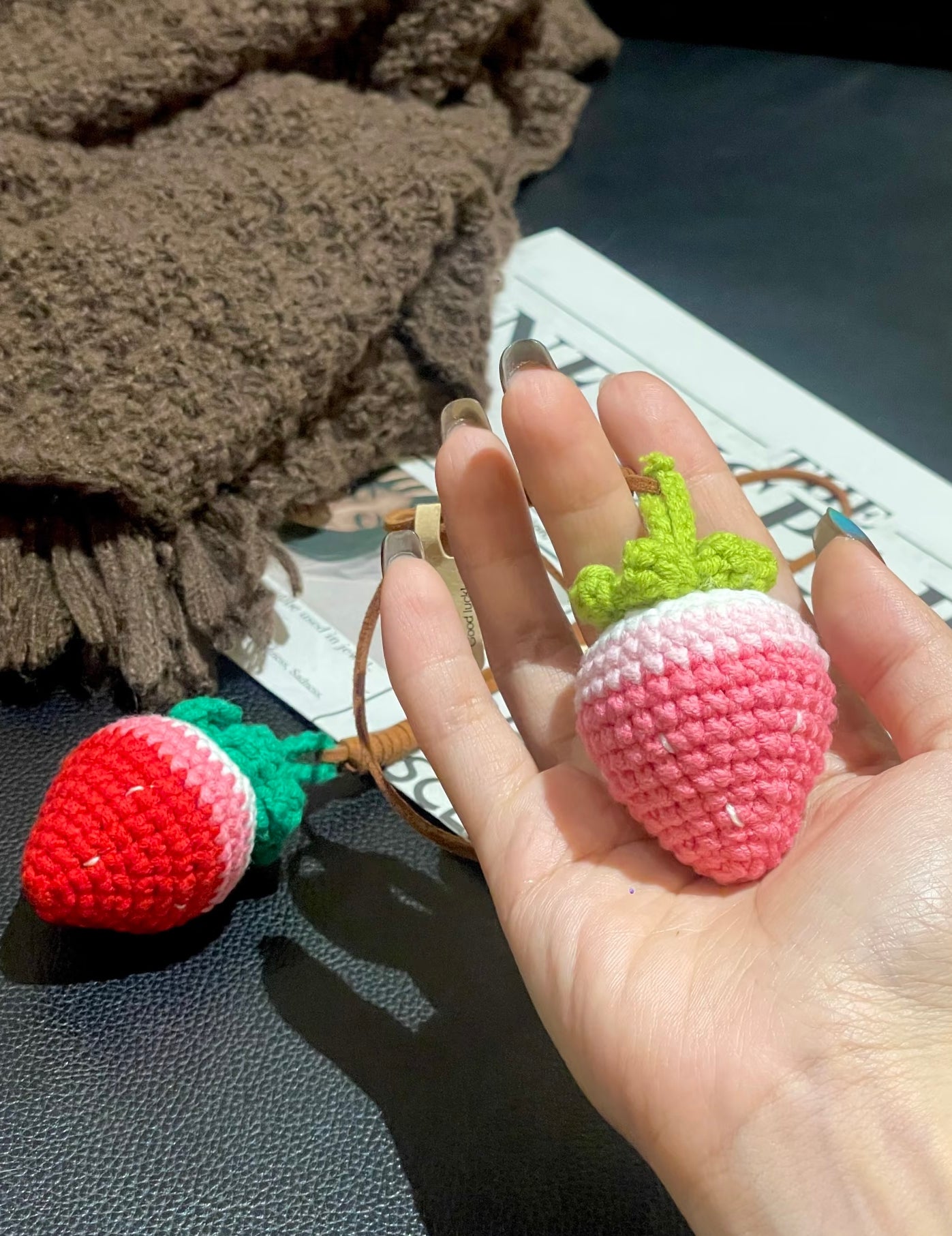 Hand-crocheted strawberry pendant gift set