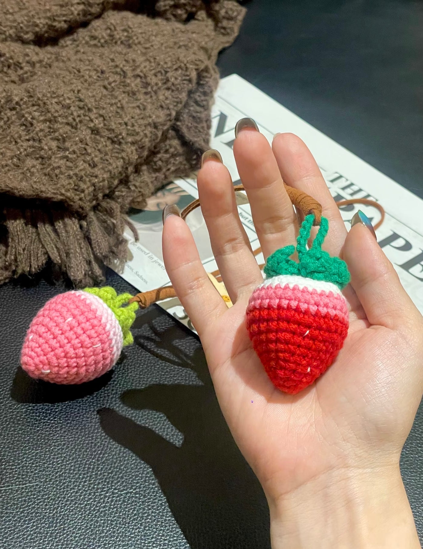 Hand-crocheted strawberry pendant gift set