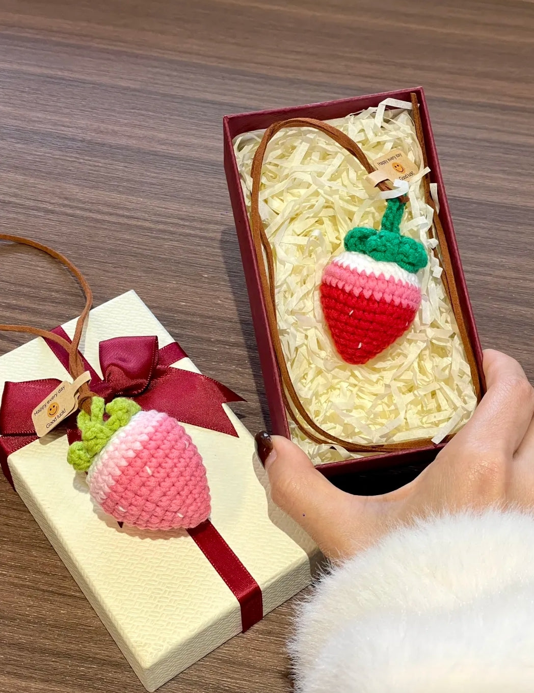 Hand-crocheted strawberry pendant gift set