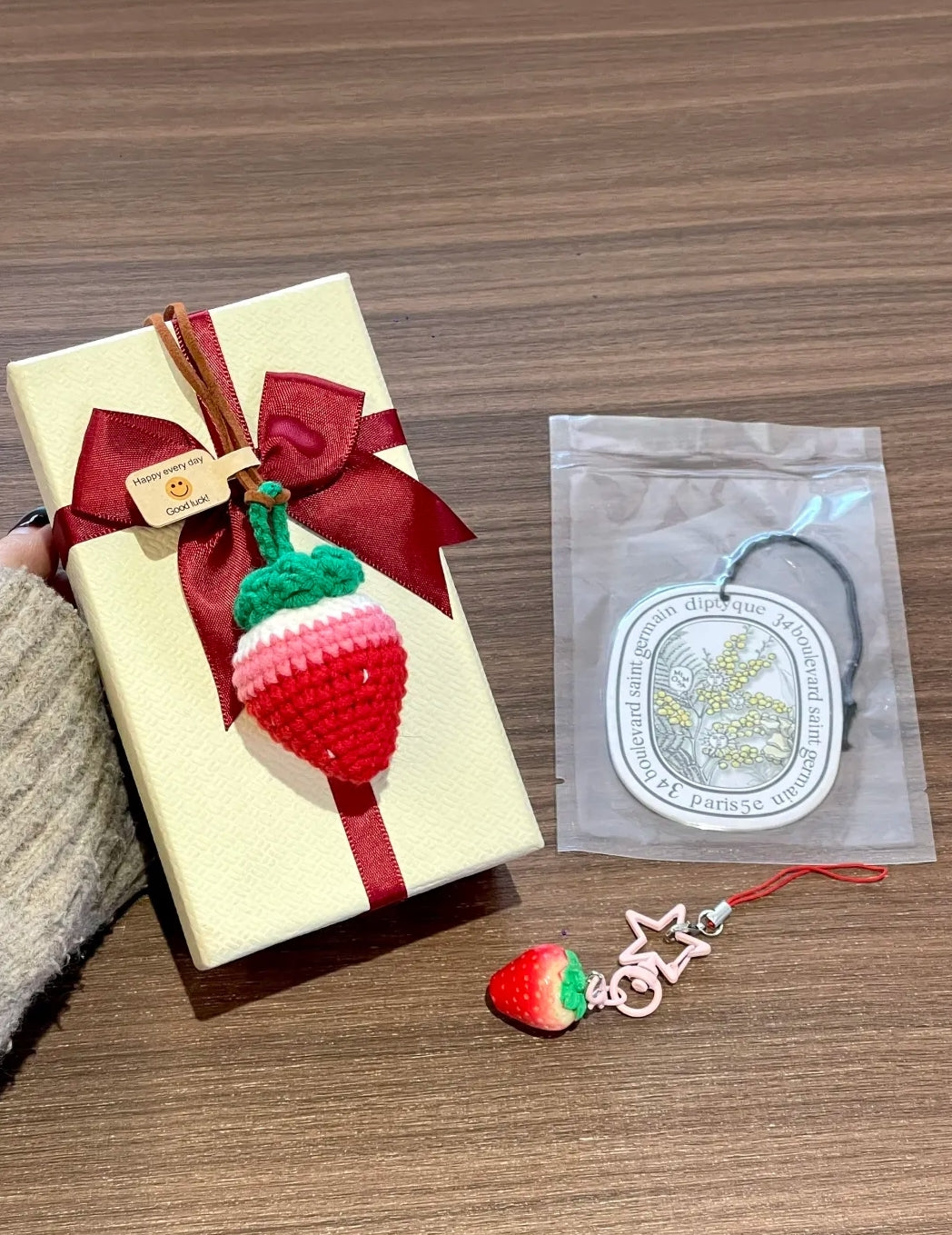 Hand-crocheted strawberry pendant gift set