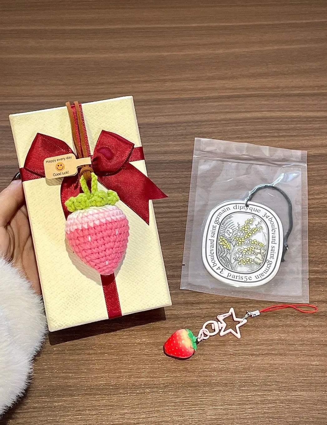 Hand-crocheted strawberry pendant gift set
